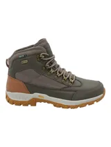 Botín de trekking RKF modelo Scafell, color verde, confeccionado en cuero y poliéster, con tecnología DryTech y suela Vibram. Cuenta con ajuste de cordones, detalles en tono marrón y suela de goma con tracción.