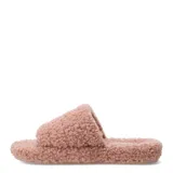 Pantufla abierta color beige, estilo slider, cubierta completamente de tejido de pelo rizado tipo borreguito.