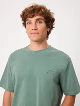Remera de manga larga Rusty, color verde, con cuello redondo y ajuste holgado. Presenta un pequeño logo bordado en el pecho.