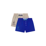 Pack de dos calzoncillos tipo bóxer con cintura elástica, bragueta con botones y etiqueta de la marca en la parte frontal. Uno de los bóxers es de color azul y el otro presenta un diseño a cuadros en tonos beige, ambos con estampado gráfico en la pierna izquierda.