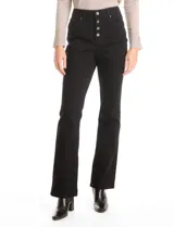 Jean de corte bootcut y tiro alto, color negro, con cierre frontal de botones a la vista y bolsillos funcionales.