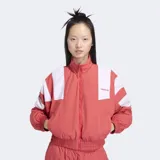Campera deportiva Adidas Originals de corte holgado, color rojo con paneles blancos en los hombros y mangas. Presenta cierre frontal de cremallera, cuello alto y puños elásticos.