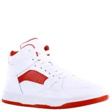 Championes de caña media con diseño deportivo, confeccionados en cuero sintético blanco con paneles laterales y detalles en color rojo. Presentan cierre mediante cordones y suela de goma roja.