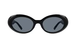 Lentes de sol con montura gruesa de acetato color negro y lentes grises.