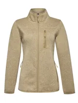 Campera polar de tejido melange en tono caramelo, con cuello alto, cierre frontal completo y bolsillos laterales e incorporado en el pecho con tiradores.