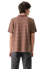 Remera tipo polo de manga corta con diseño de rayas horizontales en tonos marrones y blancos. Cuenta con cuello clásico y cierre frontal de dos botones.