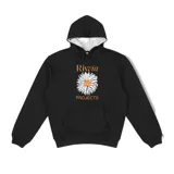 Canguro negro con capucha y bolsillo delantero, con estampado de margarita y texto en color naranja.