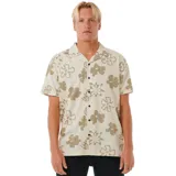 Camisa de manga corta color crema con estampado de flores marrones, cuello americano y cierre frontal con botones negros.