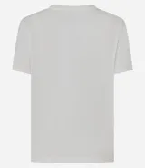 Remera blanca de algodón con cuello redondo, mangas cortas y estampa frontal con diseño tropical de palmeras y la inscripción "Fresh Air Salty Hair".