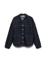 Campera de denim azul oscuro con cierre frontal de botones metálicos, bolsillos frontales aplicados y cuello camisero, de corte recto y holgado.
