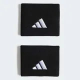 Par de muñequeras deportivas Adidas, color negro, con el logo de las tres barras bordado en blanco.