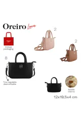 Cartera tipo bandolera de diseño compacto, color rosado, con doble asa superior y correa ajustable extraíble. Presenta un aplique metálico circular con logo en el centro y cierre superior.