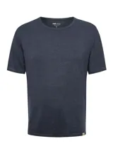 Remera azul marino de lino orgánico con elastano, cuello redondo y mangas cortas.