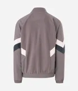 Buzo de fleece con cierre frontal completo y cuello alto. Presenta un diseño con recortes en tonos blanco y negro en las mangas y laterales, y cuenta con una estampa pequeña en el pecho.