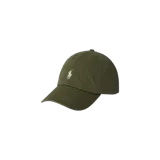 Gorra Polo Ralph Lauren de color verde militar, con diseño clásico de seis paneles, visera curva y el logotipo del jugador de polo bordado en contraste en el frente.