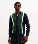 Cardigan de punto Marfinno para hombre, con diseño tricolor en azul marino, verde y blanco. Presenta cuello camisero, cierre frontal con botones y mangas largas.