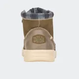 Botas Hey Dude Bradley Classic de caña media, color gris oscuro, con cordones verdes y suela marrón.