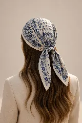 Pañuelo cuadrado con estampado tipo bandana en tonos azul y crema, con diseño de flores y motivos geométricos.