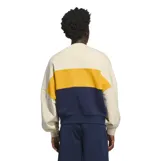 Buzo Adidas Varsity de diseño color block en tonos beige, amarillo y azul marino, con el logo clásico de la marca en el pecho y las clásicas tres tiras en las mangas.