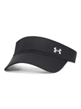 Visera deportiva Under Armour color negro, confeccionada en tejido de punto transpirable con banda interior de satén para mayor comodidad. Presenta el logo de la marca bordado en color blanco en el lateral.