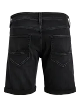 Bermuda de jean color gris oscuro con efecto lavado, de corte recto y largo hasta las rodillas, con dobladillo vuelto en los puños y bolsillos clásicos.