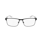 Armazón de lentes recetados con marco rectangular de metal negro y patillas de acetato transparente.