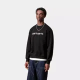 Buzo de cuello redondo Carhartt en color negro, con el logo de la marca estampado en blanco en el pecho. Presenta puños y dobladillo acanalados para un ajuste cómodo.
