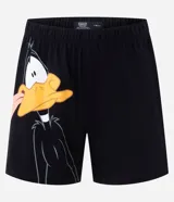 Pijama masculino de algodón con estampado de Looney Tunes, compuesto por una remera boxy fit negra con la cara de Bugs Bunny y un short negro con la cara de Pato Lucas.