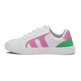 Championes deportivos de mujer, color blanco, con detalles en rosa y verde. Presentan cordones blancos y suela de goma texturizada.