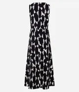 Vestido evasé midi, sin mangas, con escote redondo, recorte en la cintura y estampado geométrico con efecto blur.