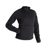 Campera polar negra de waffle fleece con cierre frontal completo, cuello alto, bolsillos inferiores con cierre y bolsillo de seguridad en el brazo con cierre.