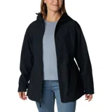 Campera impermeable Columbia modelo Blossom Park, color negro, con tecnología Omni-Tech, capucha integrada, cierre frontal completo y cintura ajustable con cordón.
