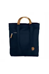 Bolso tote Fjallraven Totepack No. 1, color azul marino, confeccionado en tejido G-1000 HeavyDuty Eco S, con asas de cuero color marrón claro. Incluye bolsillo frontal con cierre, compartimento principal con cierre y bolsillo interior de seguridad. Se puede llevar en la mano, al hombro o como mochila.