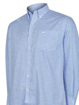 Camisa de manga larga RKF confeccionada en popelina de algodón, con diseño de cuadros en tonos azules y blancos. Presenta cuello con botones, bolsillo frontal en el pecho con logo bordado y puños ajustables.