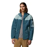Campera cortaviento Columbia Challenger II Omni-Shield de diseño bicolor en tonos azul y celeste, con capucha con cordón de ajuste, cierre medio con solapa, bolsillo en la manga con cierre y malla, y logo bordado en el pecho.