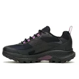 Championes de senderismo Merrell modelo Speed Strike 2 Waterproof, color negro con detalles en violeta. Presentan una construcción robusta con malla y cuero sintético, membrana impermeable, entresuela de espuma EVA para mayor estabilidad y suela de goma con tracción duradera.