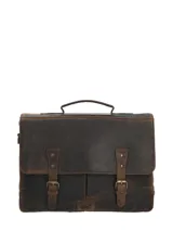 Maletín marrón de cuero para hombre, con solapa frontal, doble correa con hebillas y broches magnéticos, asa superior y correa de hombro ajustable y removible.