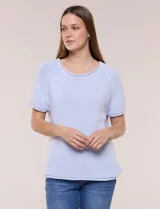 Buzo tejido de punto jersey de algodón color beige, de diseño relajado, escote redondo amplio y mangas cortas raglán.