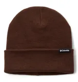 Gorro tipo beanie de punto color marrón, con diseño de doblez y etiqueta con logo de la marca Columbia en el frente.