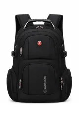 Mochila urbana Swissgear de color negro, con múltiples compartimentos con cierre, asa superior reforzada y bolsillos laterales de malla.