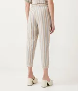 Pantalón recto de algodón con estampado de rayas verticales en tonos beige, celeste y marrón. Cuenta con cintura elástica y puños ajustados.