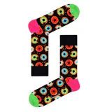 Medias Happy Socks con estampado de donas de colores sobre fondo negro, con puntera y talón en colores contrastantes.