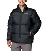 Campera puffer Columbia modelo Puffect III, color negro, con cierre frontal completo, cuello alto, bolsillos laterales con cierre y logo de la marca bordado en el pecho.
