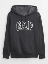 Canguro de algodón con capucha y cordones ajustables, color azul marino. Presenta el logo de la marca estampado en blanco en el frente y bolsillo tipo canguro.