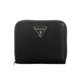 Billetera Guess modelo Isola de color negro, confeccionada en material sintético con textura graneada. Cuenta con cierre perimetral y aplique metálico triangular con el logo de la marca en la parte frontal.
