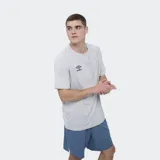 Remera deportiva Umbro modelo Bosse, de color gris claro con rayas verticales sutiles en el frente y mangas cortas. Cuenta con el logo de la marca estampado en el pecho.