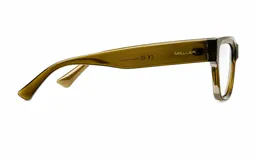 Armazón de receta de forma cuadrada con diseño angulado, fabricado en material bio-based G850 en color ocre traslúcido con patillas negras.