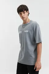 Remera de corte oversize color gris con efecto lavado, cuello redondo y mangas cortas. Presenta un estampado gráfico en color azul en la parte frontal superior.