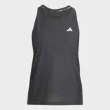 Musculosa deportiva Adidas Own The Run, color gris oscuro, con cuello redondo y sisas amplias. Presenta el logo de Adidas en blanco en el pecho y una banda en el cuello con texto repetido "RUNNING".