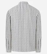Camisa de manga larga con cuello inglés y cierre frontal de botones. Presenta un diseño de rayas verticales en tonos neutros, confeccionada en tejido de poliéster con caída estructurada y corte comfort.